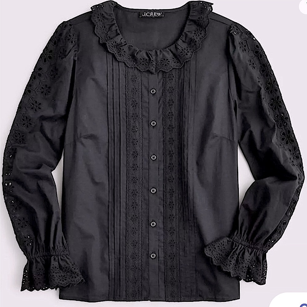 J.Crew Sezane vibes - Eyelet-Trim Button Up Shirt in Black, XS